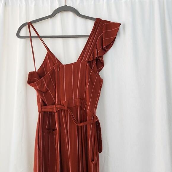 Three Floor Margaux Burgundy Rust Striped Sleeveless Ruffle Belted Jumpsuit Sz 8 - Picture 4 of 12